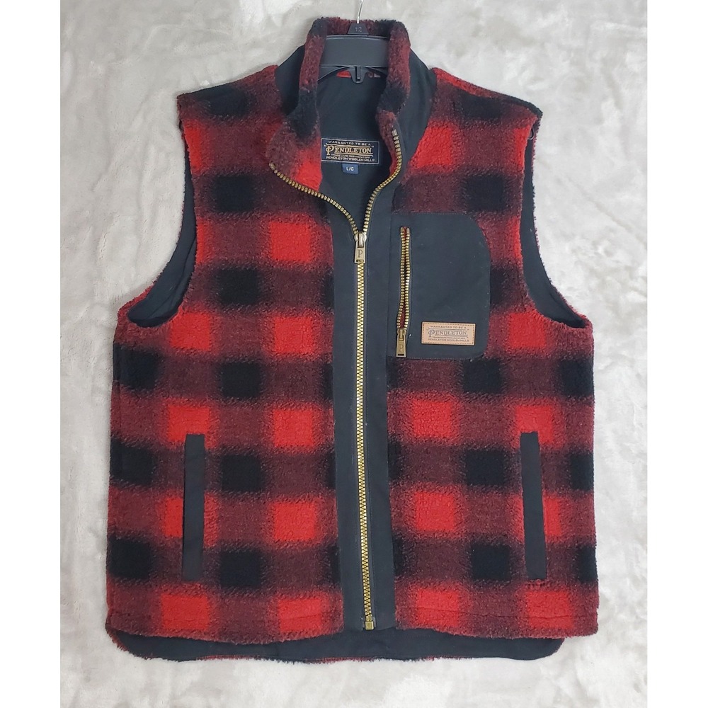 Pendleton Vest Mens Large Red Black Buffalo Plaid Ridgeline Sherpa Fleece EUC